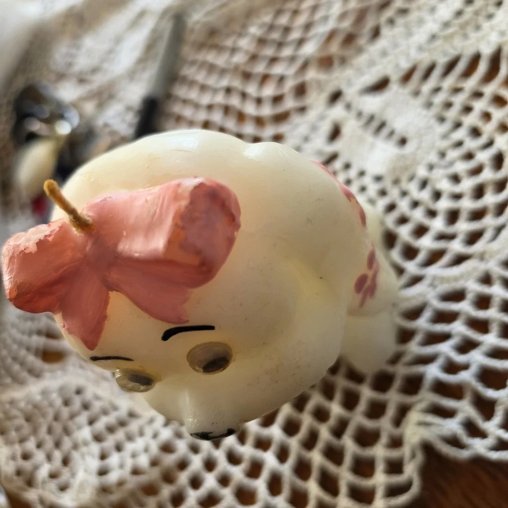 Vintage 1960s 70s Figural Dog Candle Googly Eyes Pink Bow Flowers Kitsch Retro